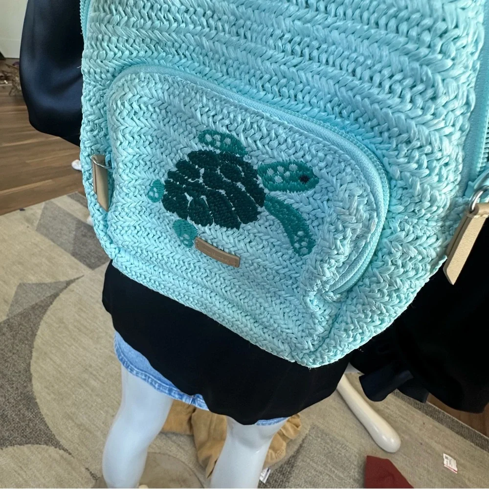 Vera Bradley Straw Raffia Blue Turtle Print Convertible Mini Summer Backpack